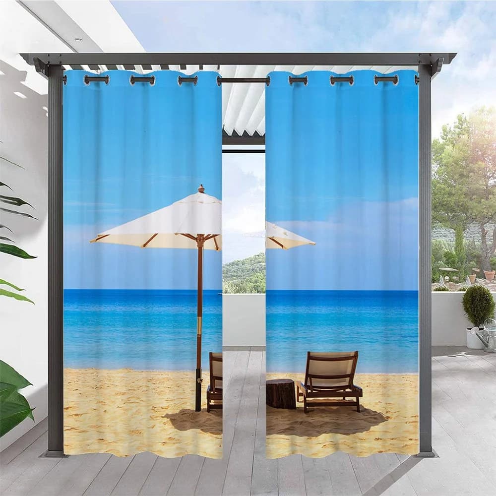 Modern Blue 3D Scenery Outdoor Curtains Cozy Seaside Time Cabana Grommet Top Curtain Waterproof Sun-proof Heat-insulating 2 Panels by BeddingInn