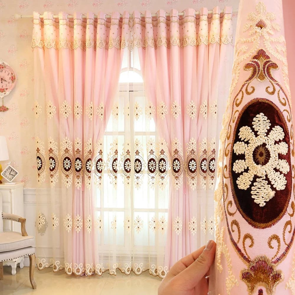 Modern Embroidery Floral Curtain Sets Sheer and Lining Curtain Polyester Blackout for Living Room Bedroom by BeddingInn