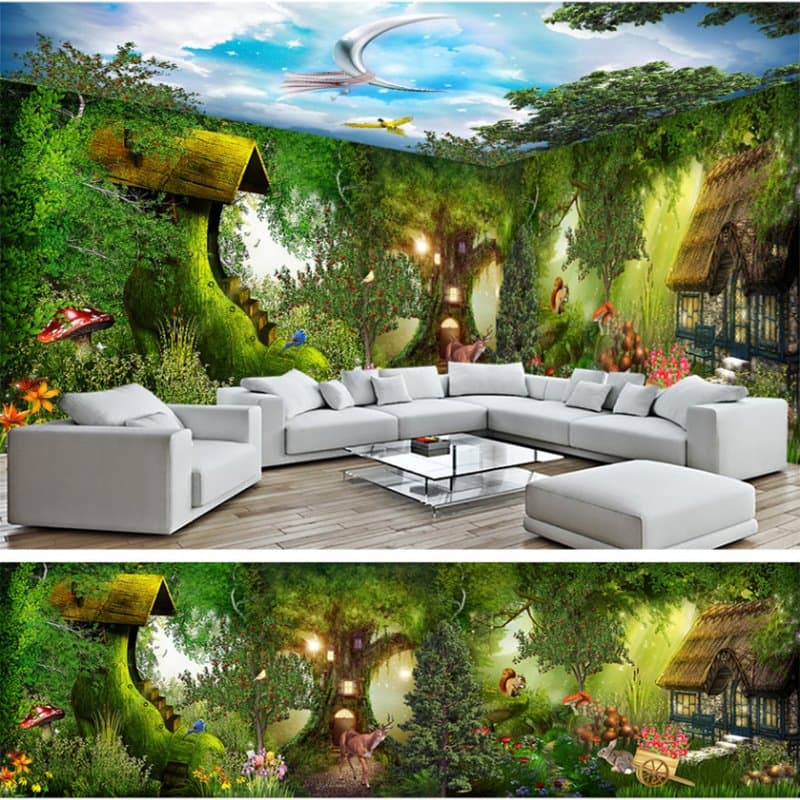 Natural Cabin in the Forest Natural Scenery Pattern Design Combined 3D Ceiling and Wall Murals by BeddingInn