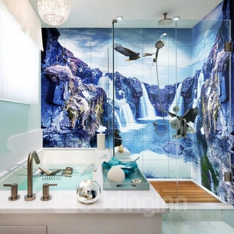 Natural Waterfalls and Eagles Pattern Waterproof 3D Bathroom Wall Murals by BeddingInn