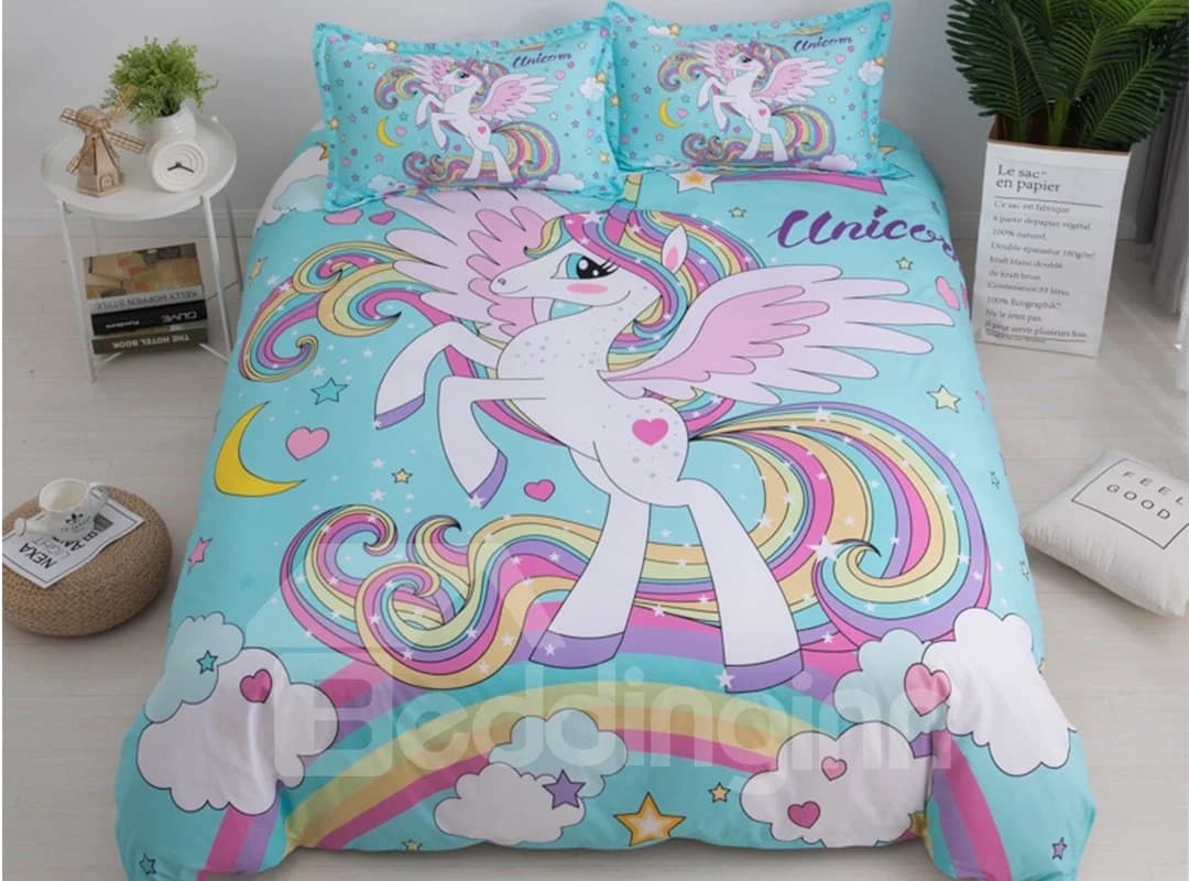 Naturally Soft Rainbow And Unicorn Printed 3-Piece Phyester Bedding Sets by BeddingInn