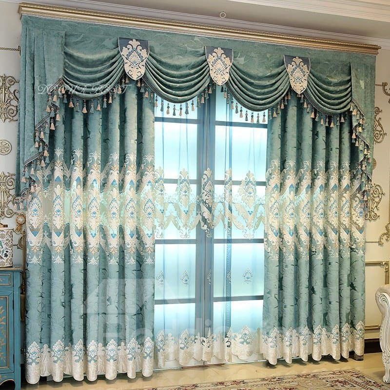 Noble Luxuriant Blue Green Chenille Embroidered Blackout Custom Grommet Curtains by BeddingInn