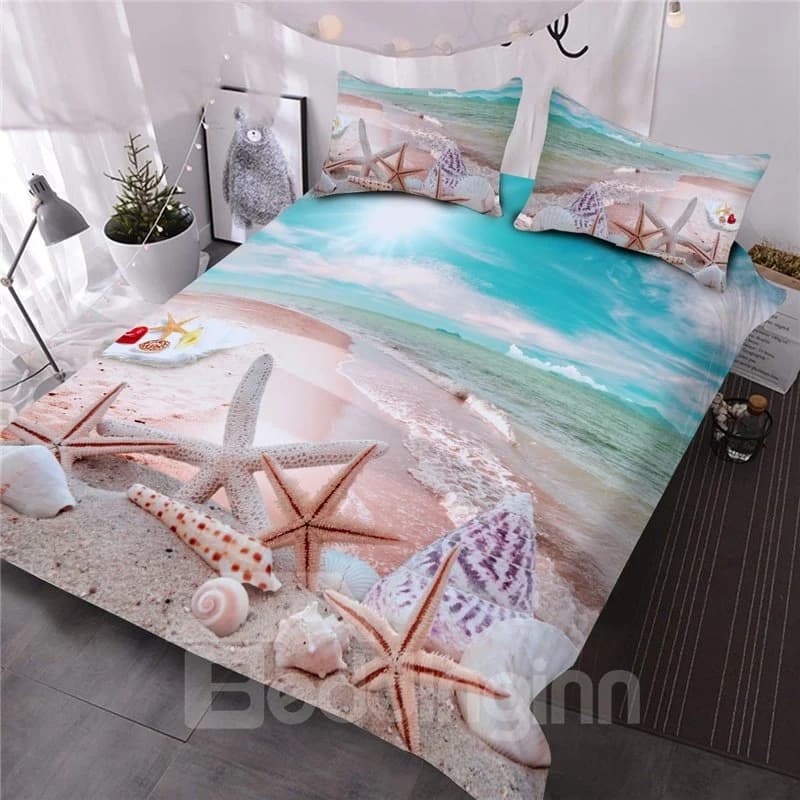 Ocean Starfish Seashells 3D Printed 3-Piece Comforter Sets Soft Ligntweight No-fading Digital Printed Comforter for All Seasons Microfiber by BeddingInn