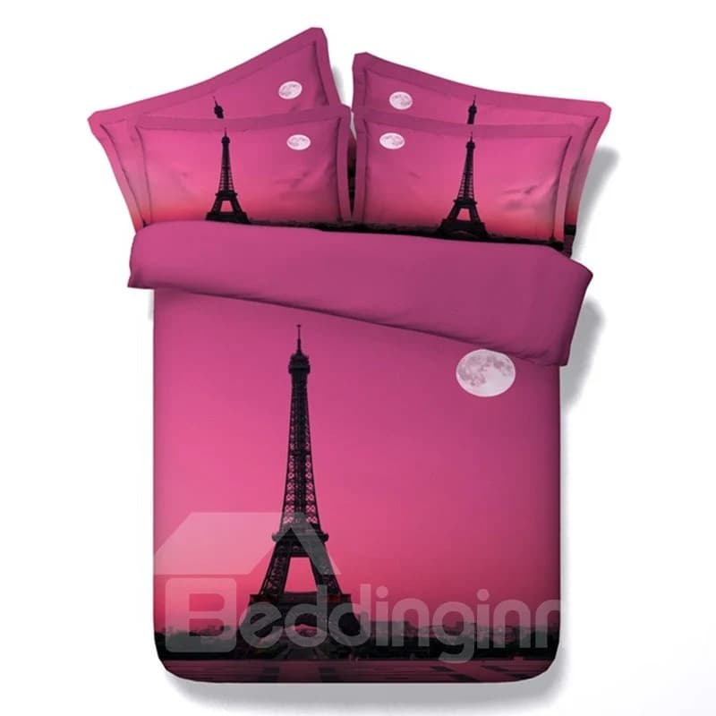 Paris Eiffel Tower and the Moon Printed Polyester 3D 4-Piece Pink Bedding Sets by BeddingInn