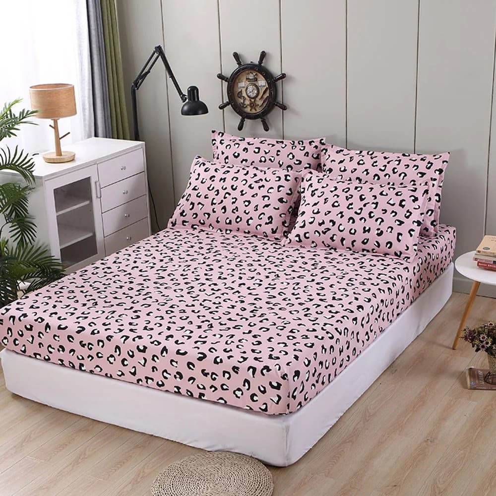 Pink Leopard Pattern Fitted Sheet 1-Piece Non-Fade Breathable Soft Polyester Bed Cover Mattress Cover by BeddingInn