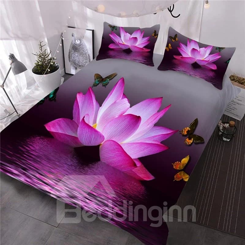 Pink Lotus and Butterfly 3D Comforter Set 3 Pieces Bedding Set Microfiber Lightweight No-Fading Comforter with 2 Pillowcases by BeddingInn