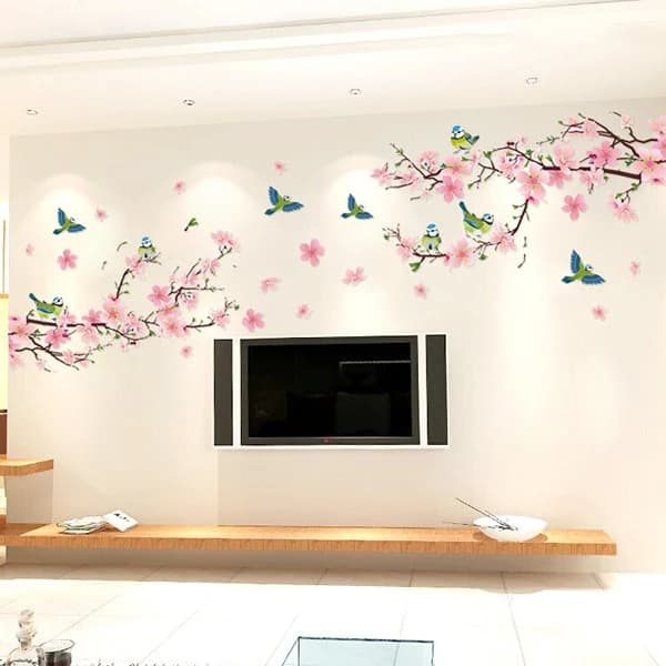 Pink Peach Flowers Branches PVC Waterproof Eco-friendly TV/Sofa Background Wall Stickers by BeddingInn