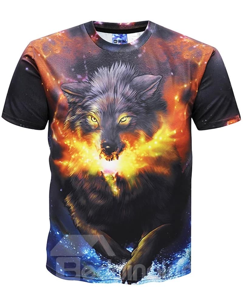 Psychedelic Wolf Round Neck Men 3D Graphic Print Short Sleeve Tee Tops T-Shirt by BeddingInn