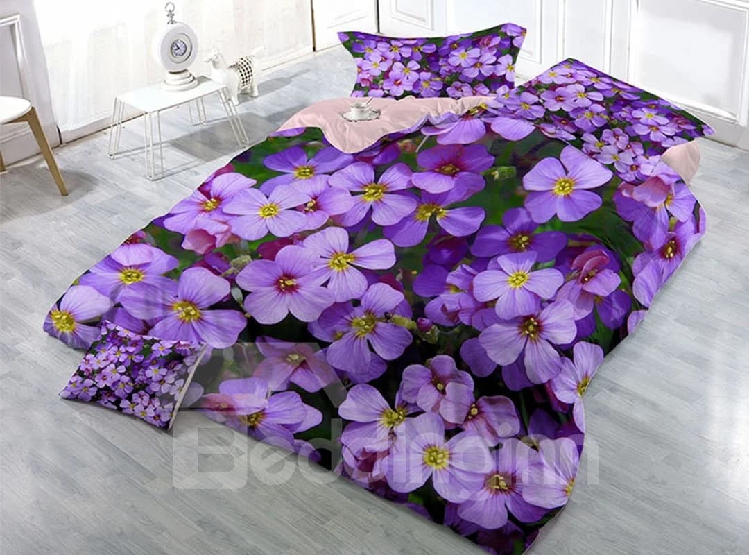 Purple Blooming Flowers Wear-resistant Breathable High Quality 60s Cotton 4-Piece 3D Bedding Sets by BeddingInn