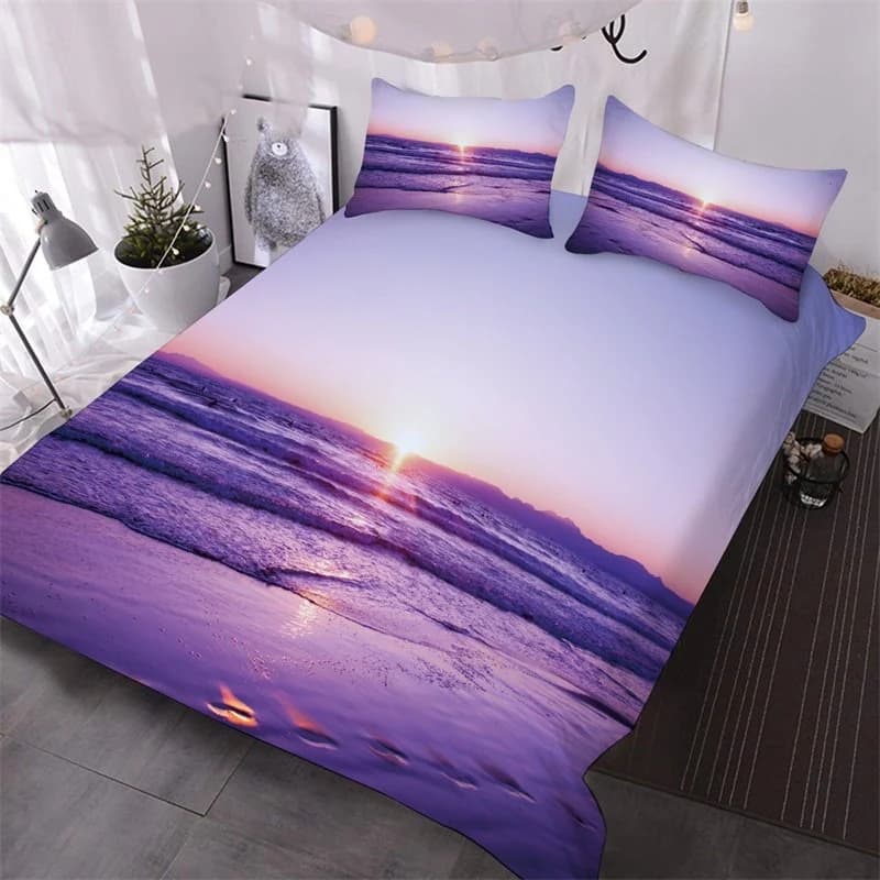 Purple Sea And Beach Printed 3-Piece Comforter Set Scenery Bedding Set 1 Comforter 2 Pillowcases Queen King Sizes by BeddingInn