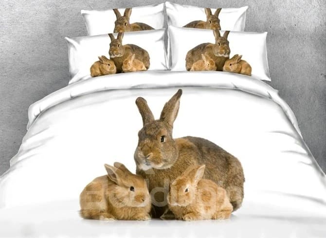 Rabbit Mother and Bunnies Printed Polyester 3D 4-Piece White Bedding Sets/Duvet Covers by BeddingInn