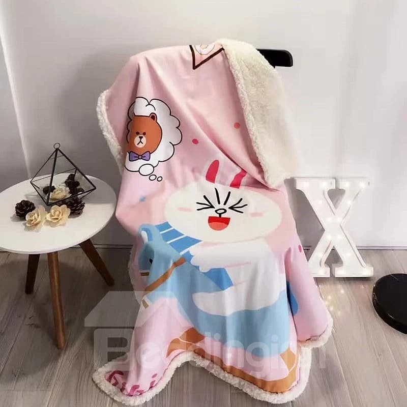 Rabbit Printed Polyester Nordic Style Pink Baby Blanket by BeddingInn