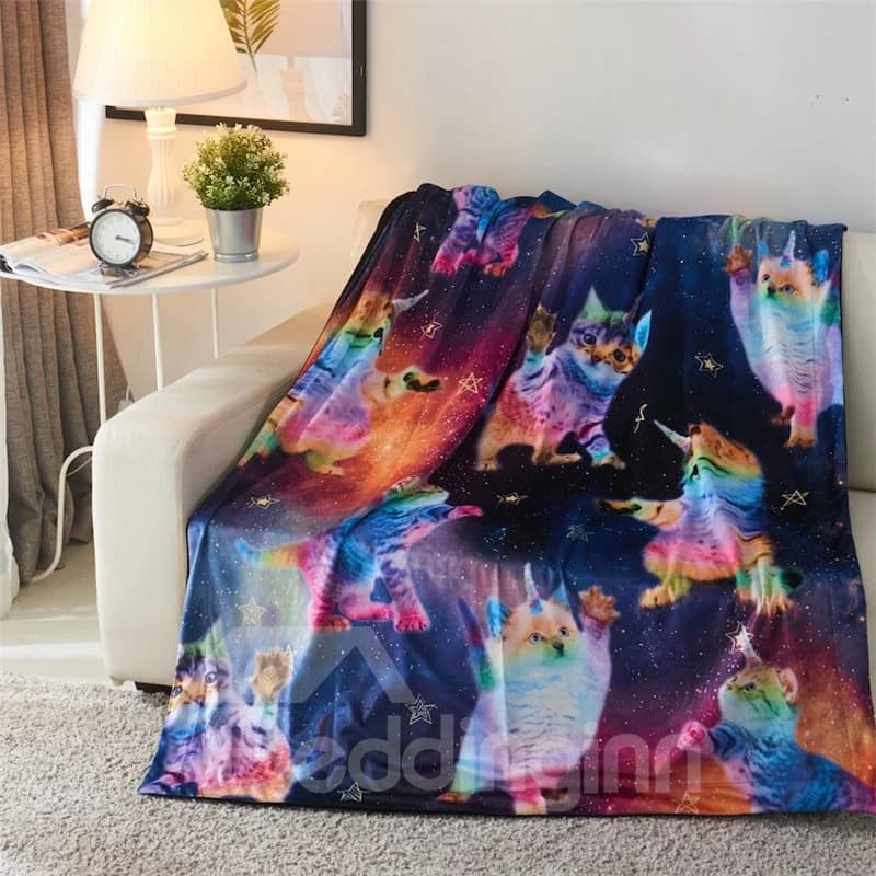 Rainbow Cats and Galaxy Printed 3D Polyester Blanket by BeddingInn
