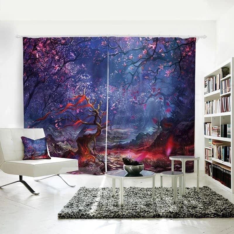 Red Floral Pattern Blue Background 3D Polyester Curtain by BeddingInn