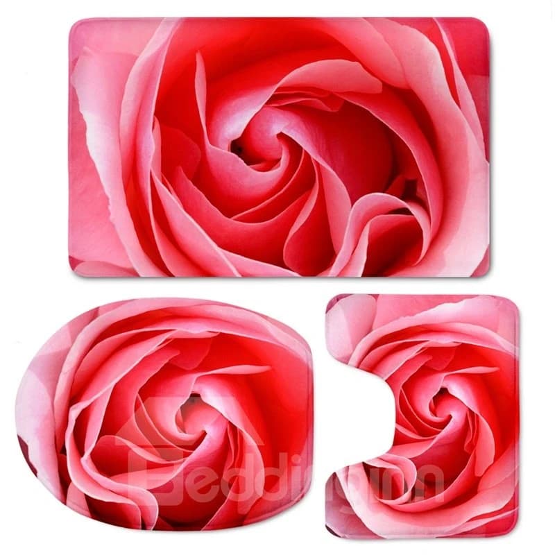 Red Rose Pattern 3-Piece Flannel PVC Soft Water-Absorption Anti-slid Toilet Seat Covers by BeddingInn
