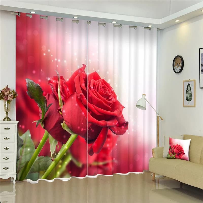 Romantic and Cozy Red Rose Thick Polyester Pastoral Style 2 Panels 3D Curtain by BeddingInn