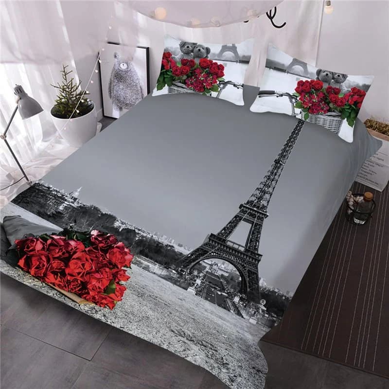 Romantic Red Rose Eiffel Tower 3D Printed 3-Piece Comforter Set/Bedding Set 2 Pillowcases 1 Comforter by BeddingInn