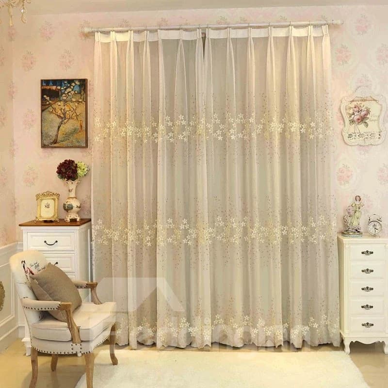 Rustic Floral Embroidery Sheer and Beige Cloth Sewing Together Curtain Sets by BeddingInn