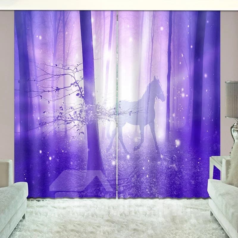 Shining Purple Horse in Magical Wood Vivid Printed Curtain by BeddingInn