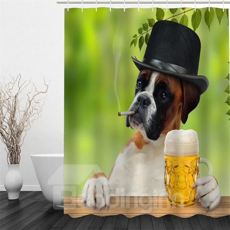 Smoking Dog in Hat and Beer Polyester Waterproof and Eco-friendly 3D Shower Curtain by BeddingInn