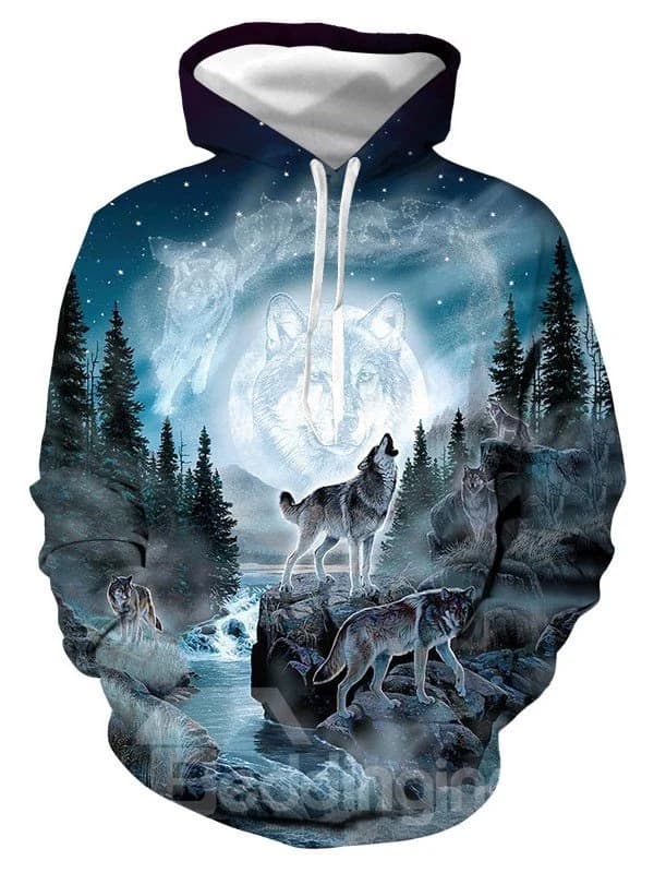 Soft Warm Realistic 3D Digital Print Pullover Hoodies Sweatshirt Sweaters with Moon and Wolf Pattern by BeddingInn
