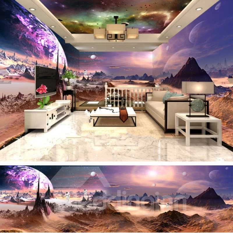 Stunning Creative Outer Space Scenery Pattern Design Combined 3D Ceiling and Wall Murals by BeddingInn