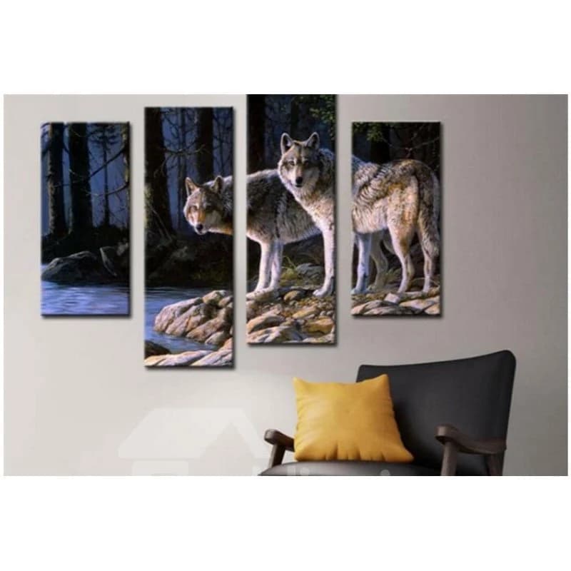 Two Wolves on The Lakeside Hanging 4-Piece Canvas Non-framed Wall Prints by BeddingInn