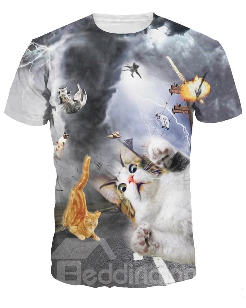 Unisex Casual Short Sleeve Tornado and Cats 3D Pattern T-Shirt by BeddingInn