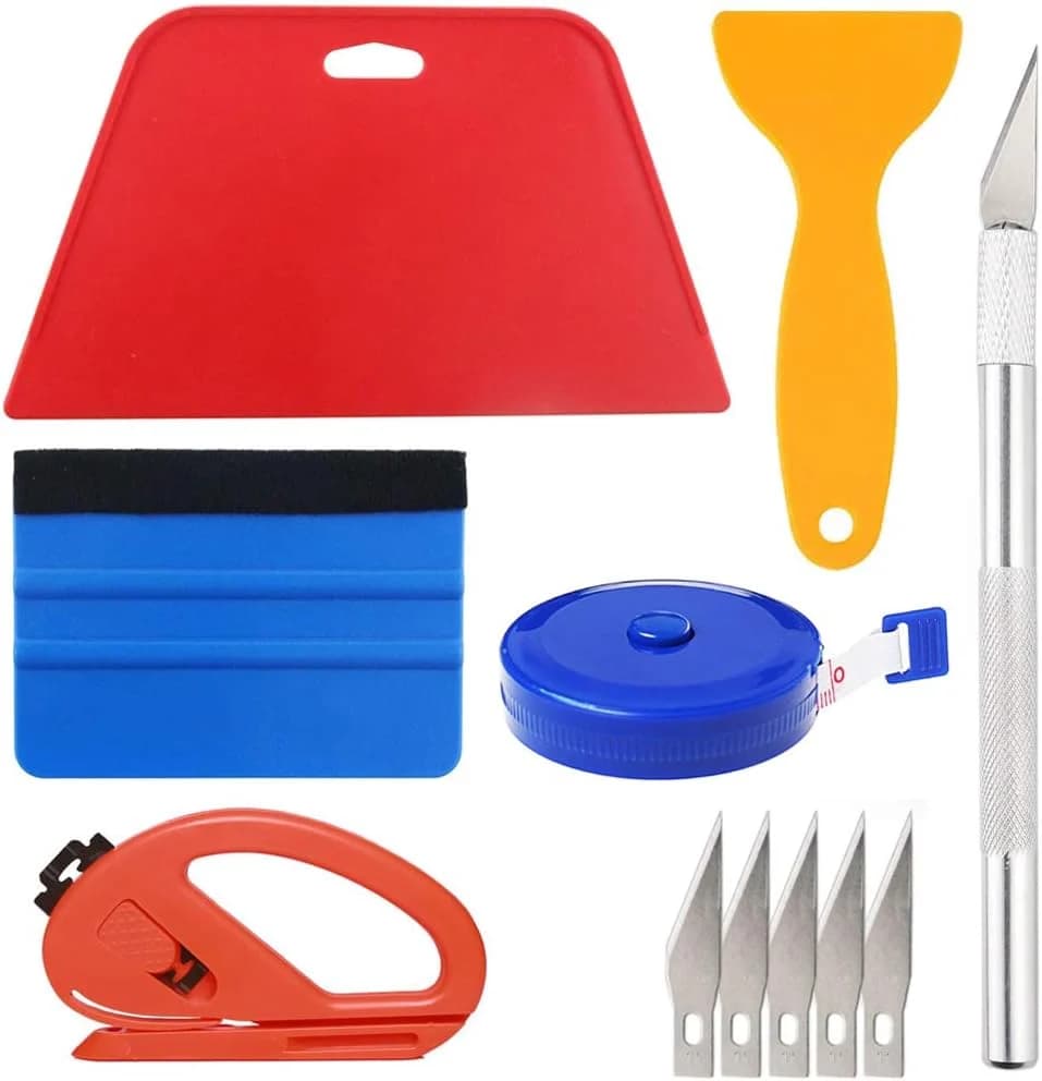 Wallpaper Smoothing Tool Kit Include red Squeegee,Medium-Hardness Squeegee, blue Tape Measure,snitty Vinyl Cutter and Craft Knife with 5 Replacement Blades for Adhesive Contact Paper Application Win by BeddingInn