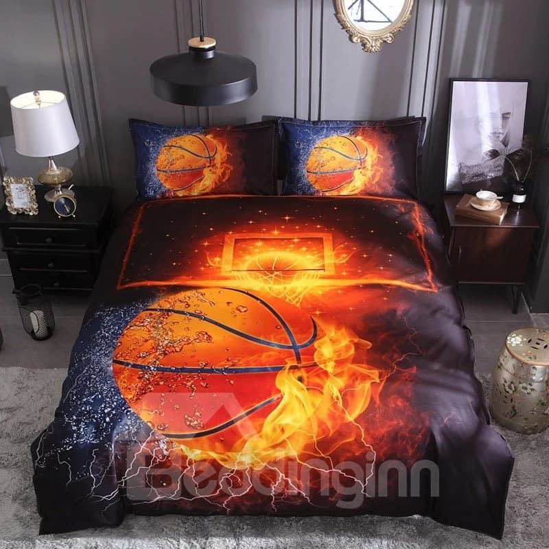 Water and Fire Basketball Digital Printing Polyester 3D 3-Piece Colorfast Endurable Skin-friendly All-Season Ultra-soft Microfiber Bedding Sets/Duvet… by BeddingInn