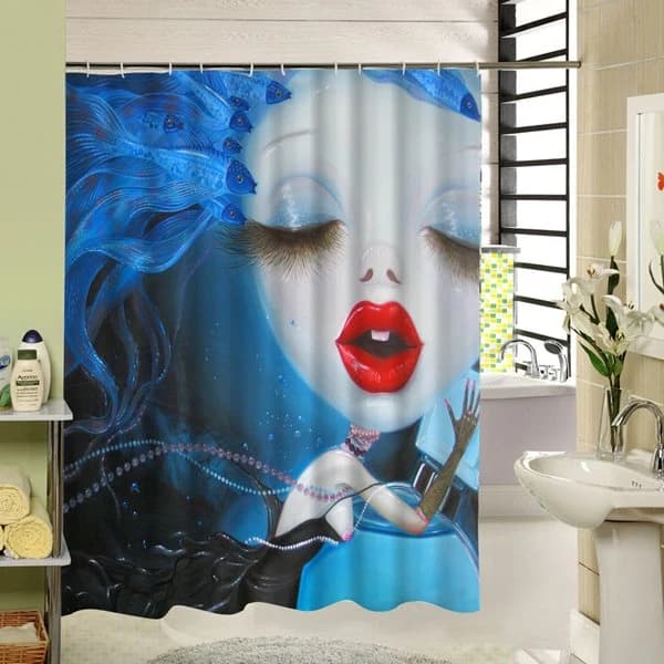 Weird Cartoon Girl with Red Lip Printing 3D Waterproof Shower Curtain by BeddingInn