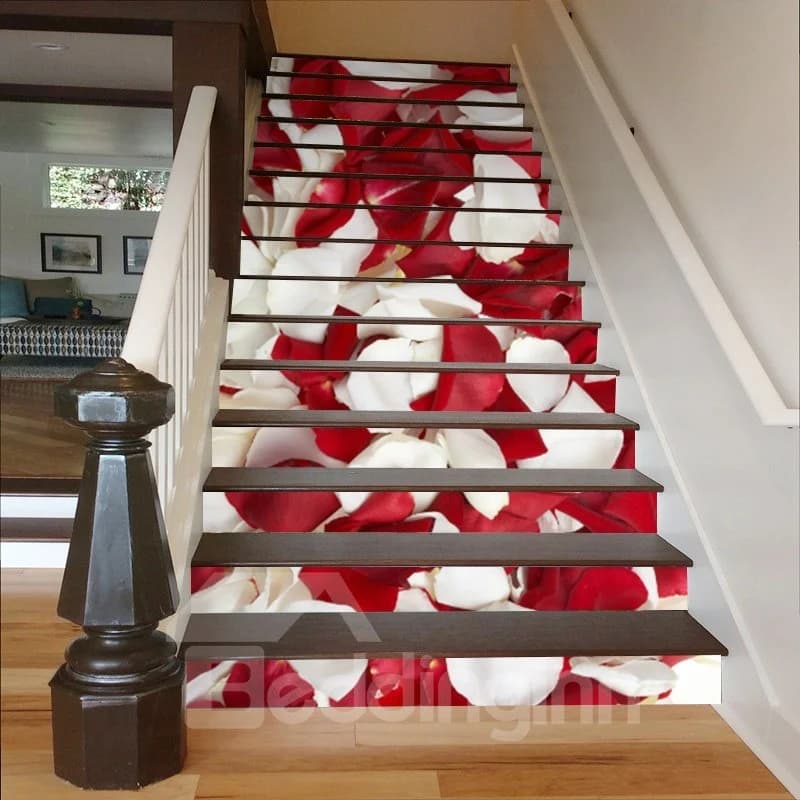 White and Red Rose Petals 3D Waterproof Stair Murals by BeddingInn