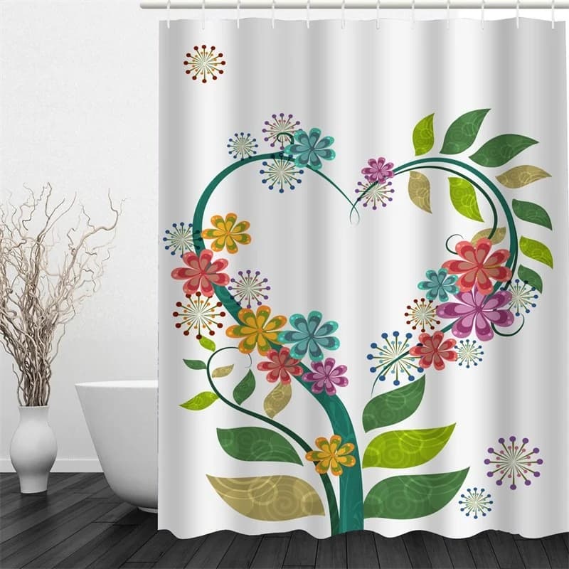 White Background with Heart-shaped Flowers Polyester Waterproof and Eco-friendly 3D Shower Curtain by BeddingInn