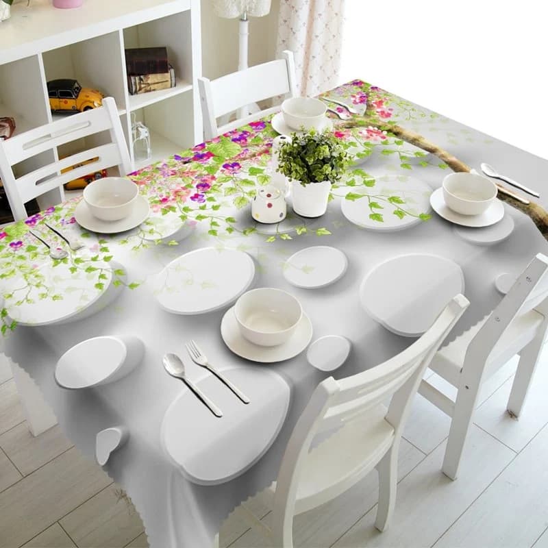 White Circle and Flowers Pattern Home Decoration Washable 3D Tablecloth by BeddingInn