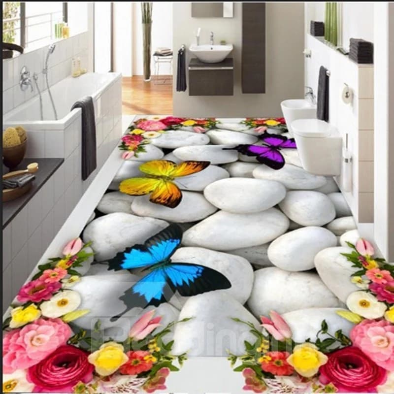 White Cobblestone with Flowers and Butterflies Decoration Waterproof 3D Floor Murals by BeddingInn