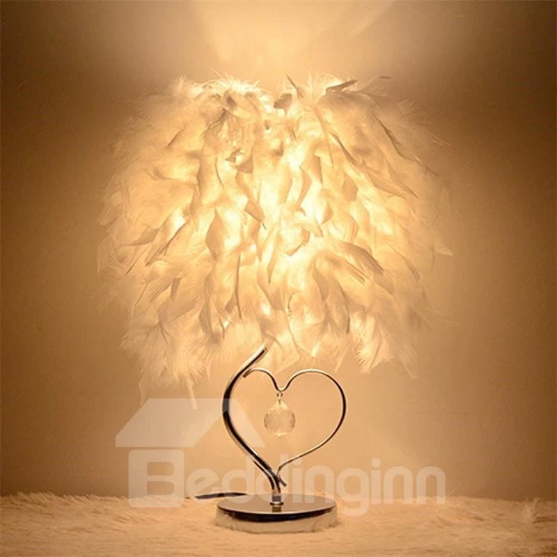 White Feather and Heart-Shaped Strut with Crystal Table Lamp by BeddingInn