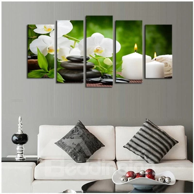 White Flowers Candles Stones Pattern Hanging 5-Piece Canvas Eco-friendly and Waterproof Non-framed Prints by BeddingInn