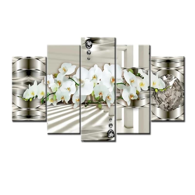 White Orchid Pattern 5 Pieces Hanging Canvas Waterproof Eco-friendly Wall Prints by BeddingInn