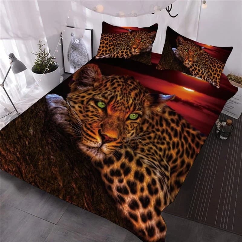Wild Leopard Lying on the Trunk Printed 3-Piece 3D Comforter Set Lightweight Warm Soft Feather Fabric Microfiber Bedding Set by BeddingInn