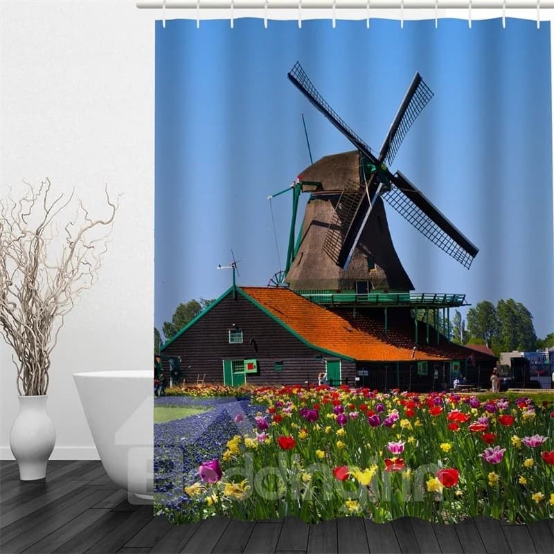 Windmill and Plants Pattern Polyester Waterproof and Eco-friendly 3D Shower Curtain by BeddingInn