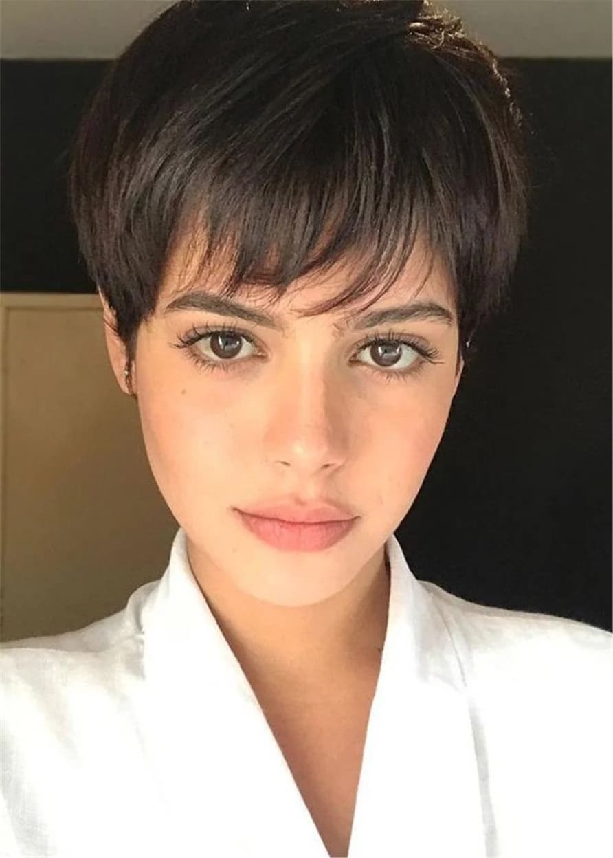 Women's Pixie Cut Natural Straight Human Hair Full Lace Short 130% Wig With Bangs by BeddingInn