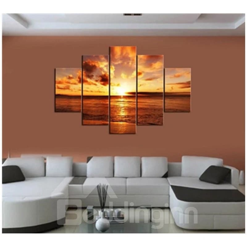 Yellow Sunrise on The Sea Hanging 5-Piece Canvas Non-framed Wall Prints by BeddingInn