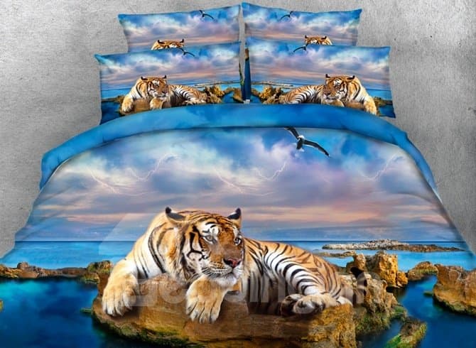 Yellow Tiger and Blue Ocean Printed Polyester 4-Piece 3D Bedding Sets/Duvet Covers by BeddingInn