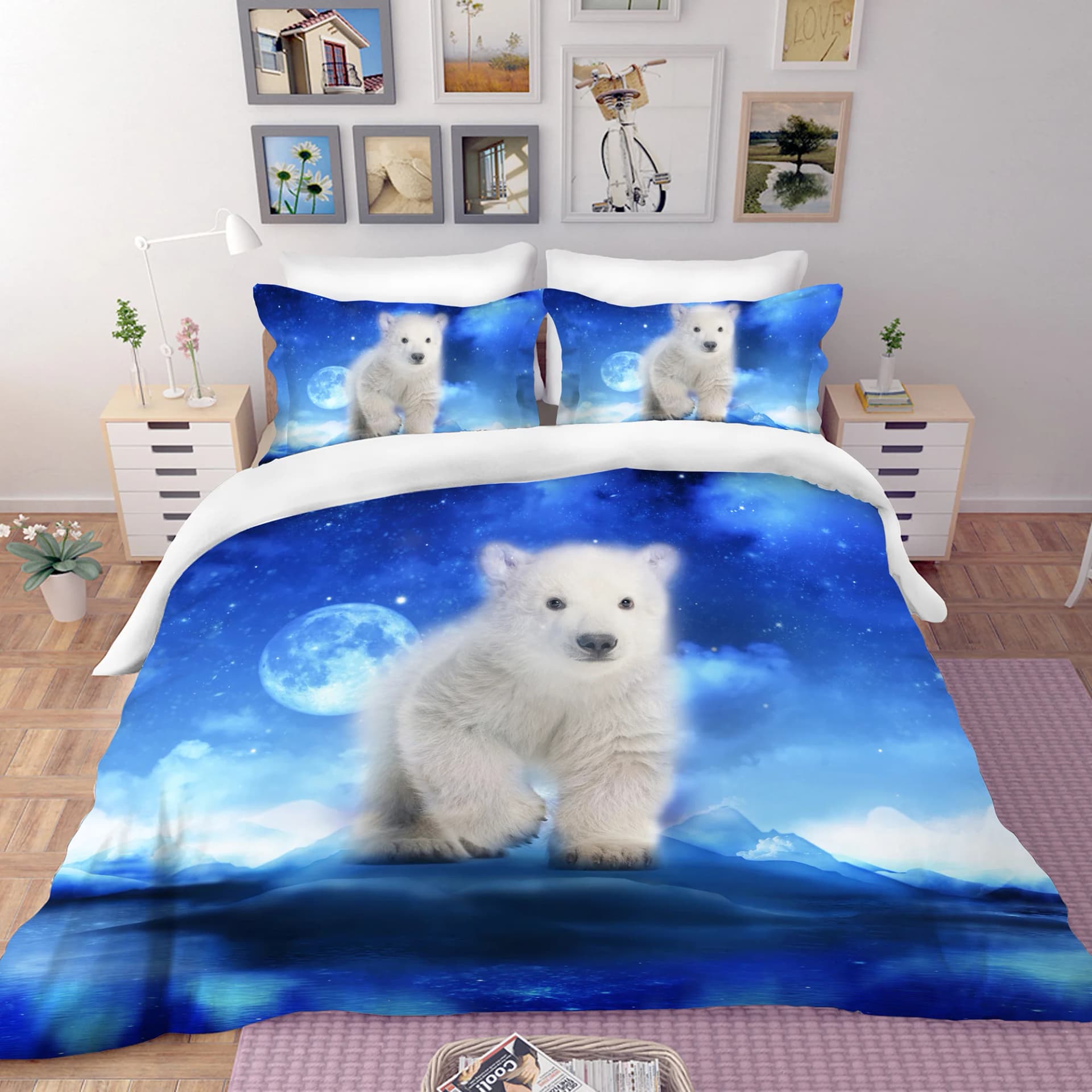 Beddinginn Animal Polar Bear Printed 4 Piece Duvet Cover Set, Microfiber Cute Polar Bear Cub Print Bedding Set by BeddingInn Selected