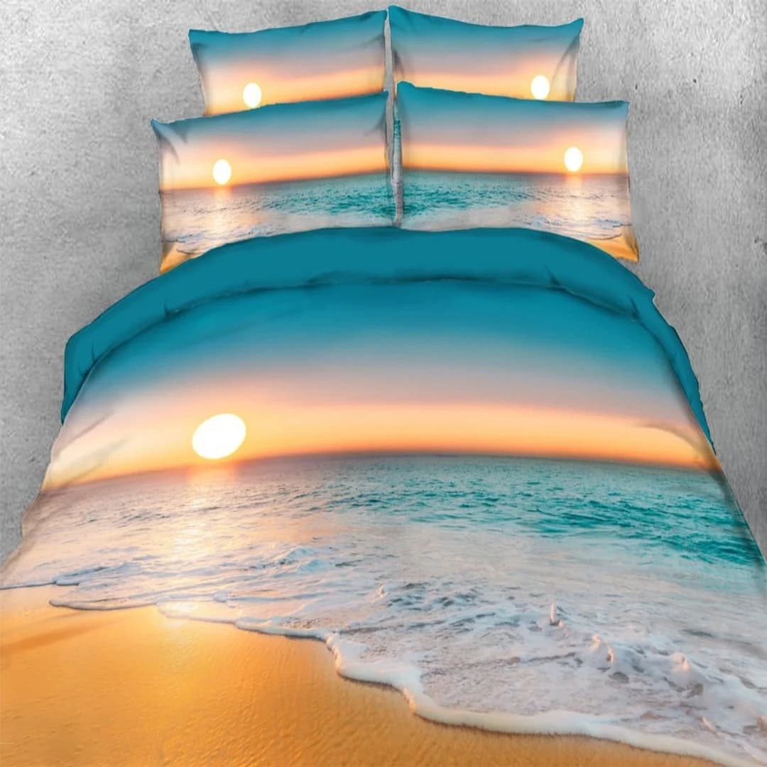 Coastal Beach Sunset 4-Piece Duvet Cover Set Microfiber with Flat Sheet 2 Pillowcases, Beach House Bedding by BeddingInn Selected