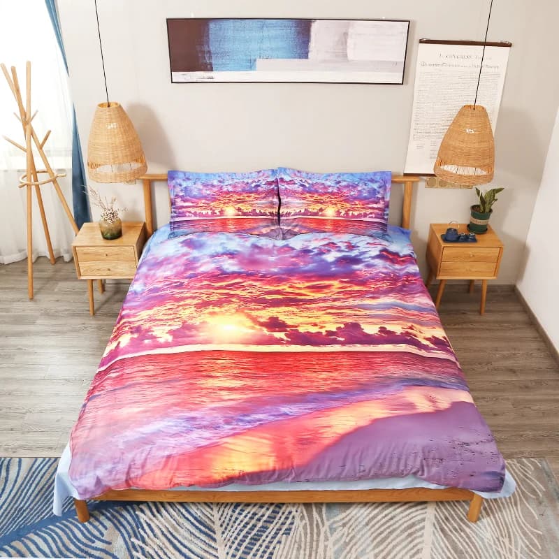 Coastal Duvet Cover Set Microfiber 4-Piece with Flat Sheet 2 Pillowcases, Beach Red Sunset Glow Bedding Set by BeddingInn Selected