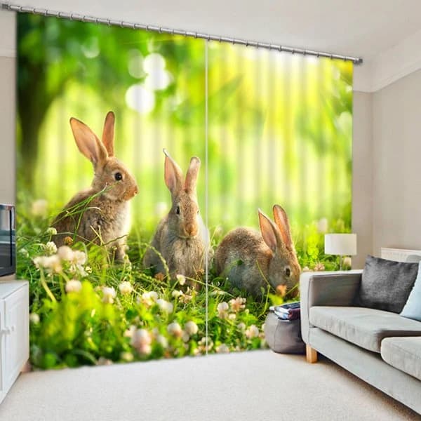 Cute Rabbits on the Grassland Printed Thick Polyester Living Room Blackout Curtain by BeddingInn Selected