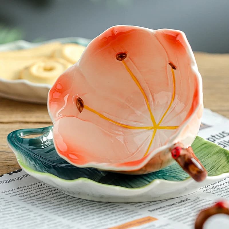 Lily Flower Tea Cup and Saucer Set 6 Oz, Enamel Flower Porcelain Coffee Cup Saucer Set with Spoon for Women, Hand Crafted Tea Set by BeddingInn Selected