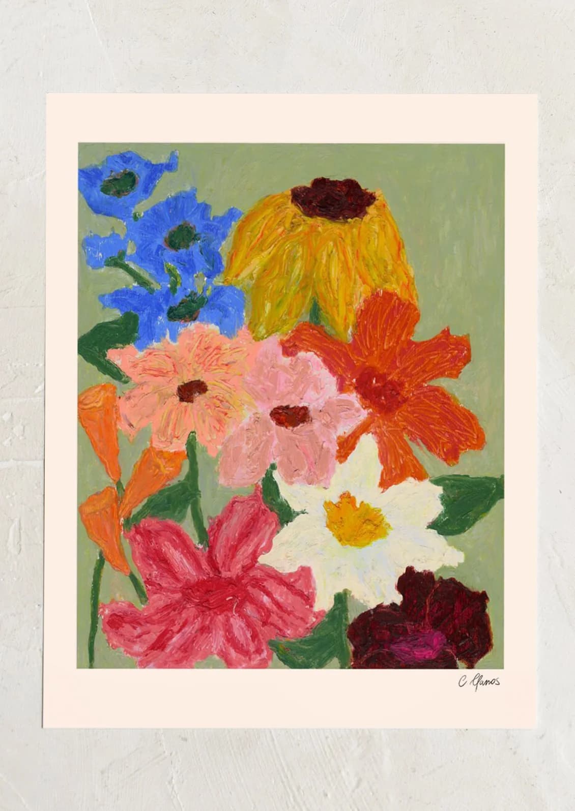 Flowers on Sage Green Print by Carla Llanos