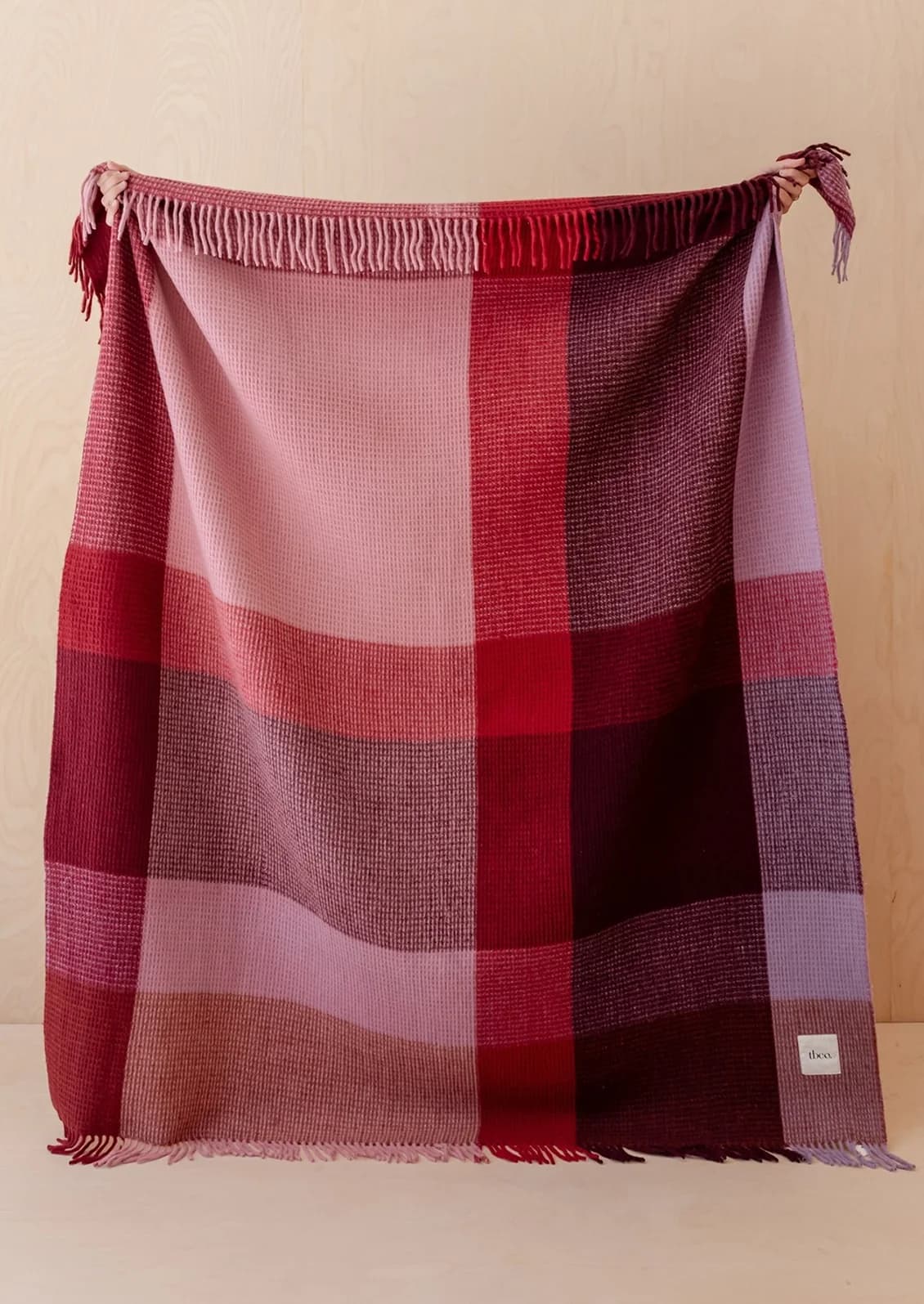 Recycled Wool Throw, Burgundy Waffle Check by Tbco